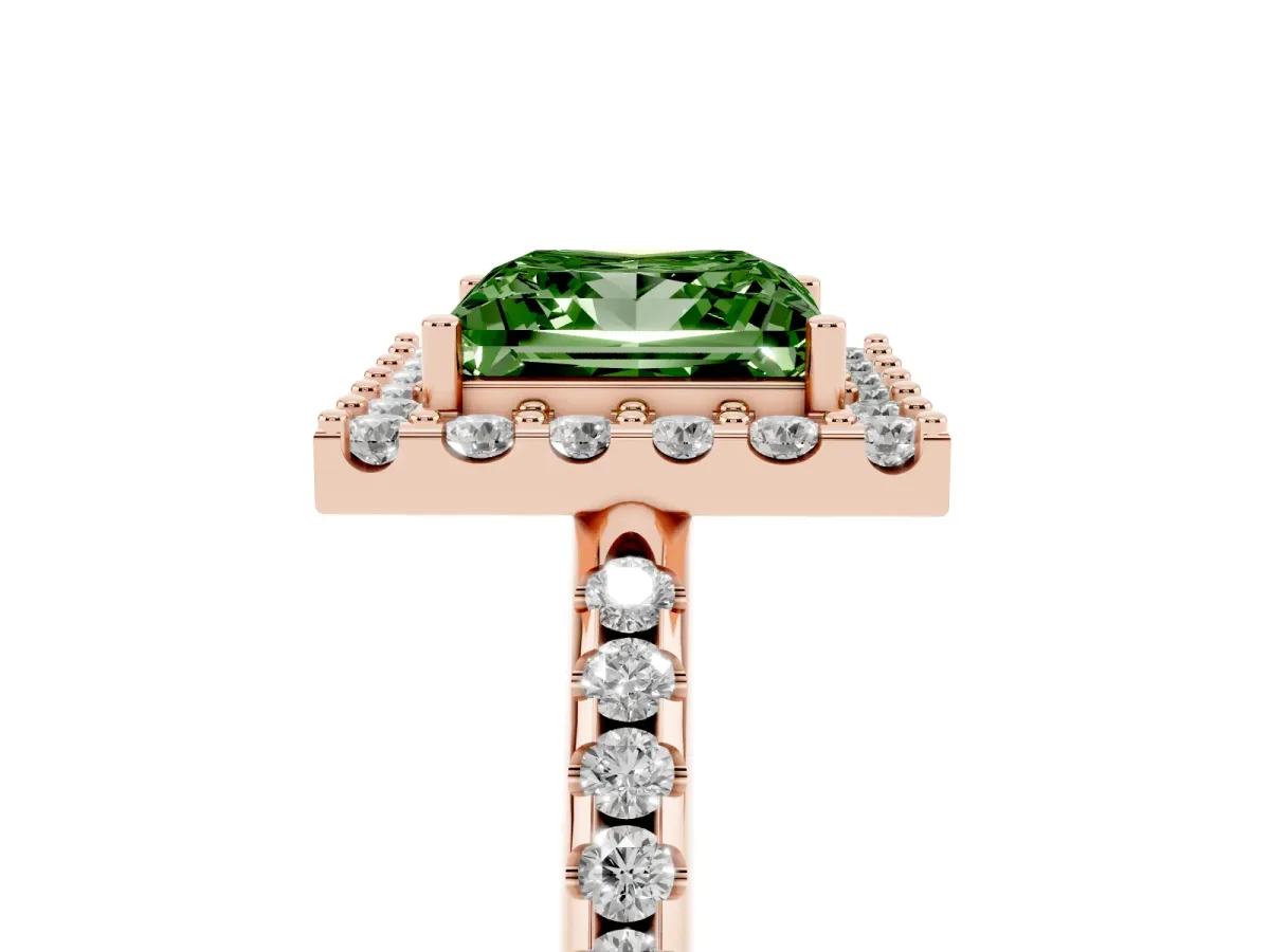 Fancy Green Princess Cut Diamond Pavé Halo Ring with Four-Prong Setting Rose gold