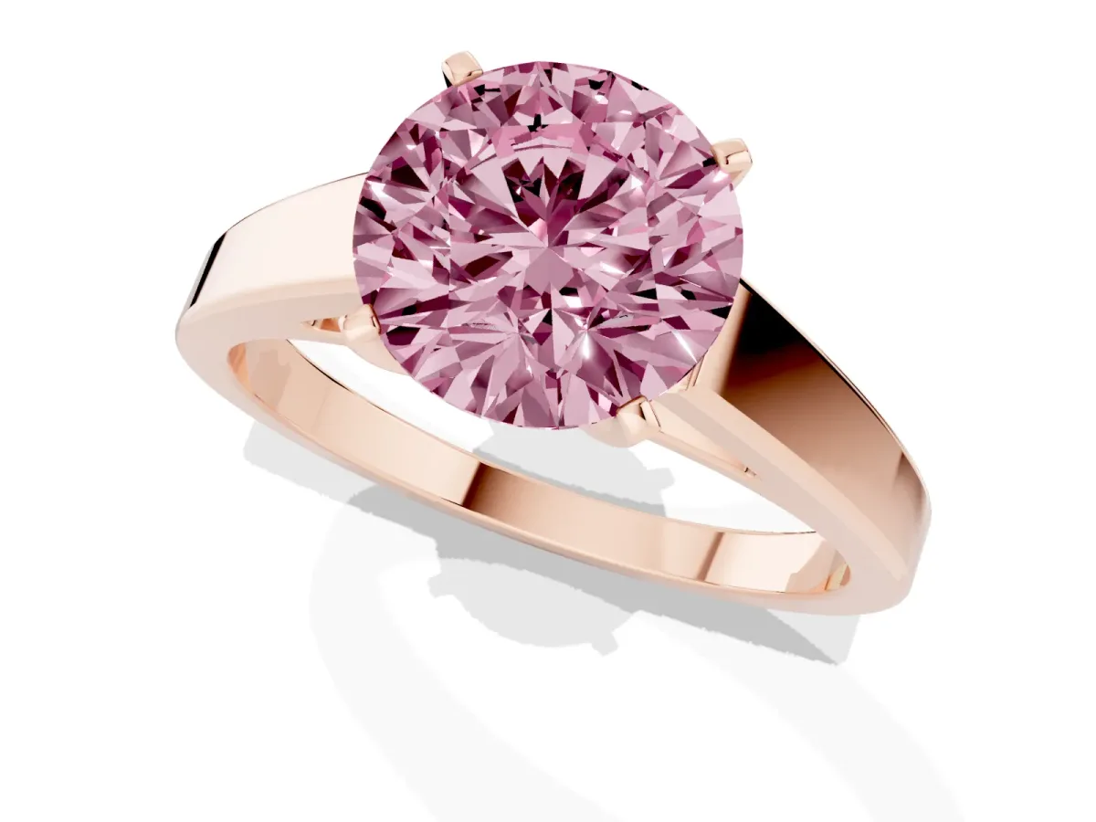 Fancy Pink Round Cut Solitaire Engagement Ring with Four-Prong Setting and Tapered Band Rose gold