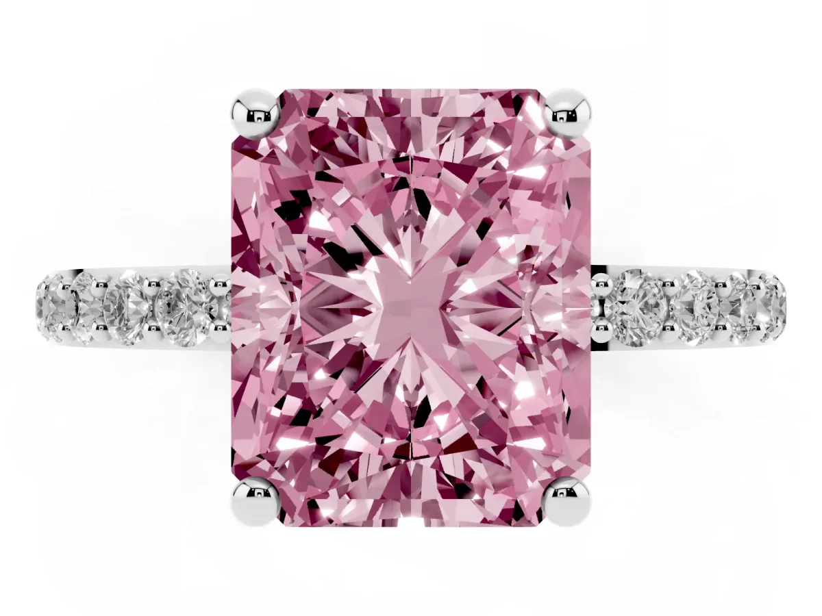 Fancy Pink Radiant Cut Diamond Solitaire Ring with Round Pavé Band and Prong Setting Silver