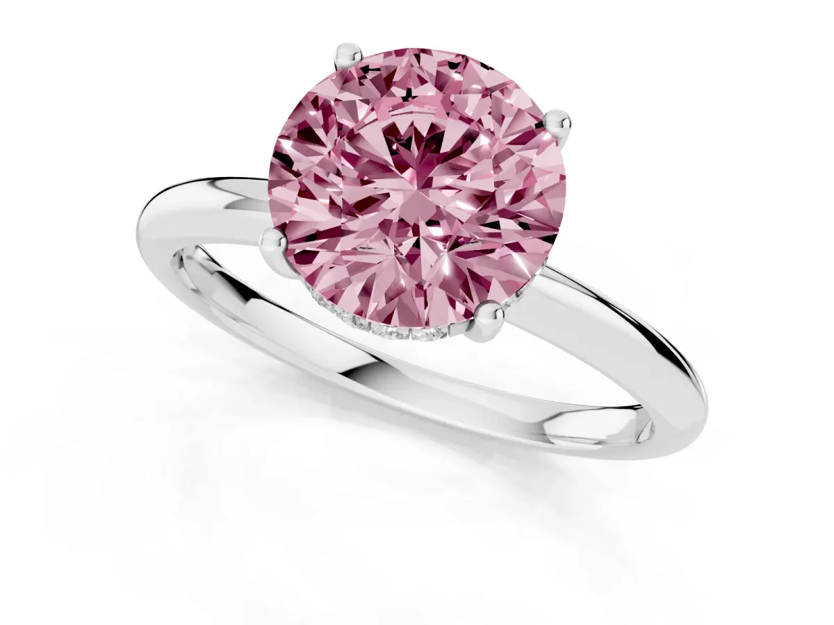 Fancy Pink Round Cut Cut Solitaire Engagement Ring with Four-Prong Setting and Classic Band Silver