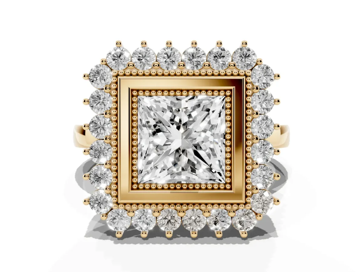 Princess Cut Halo Diamond Ring with Milgrain Edge and Round Prong Setting Yellow gold