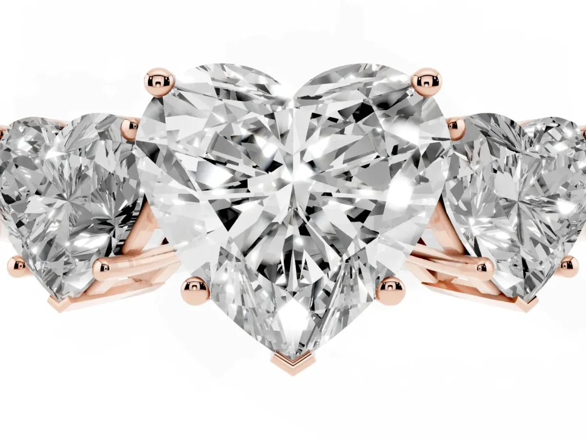 Three-Stone Heart Cut Cut Diamond Engagement Ring with Flat Band and Four-Prong Setting Rose gold