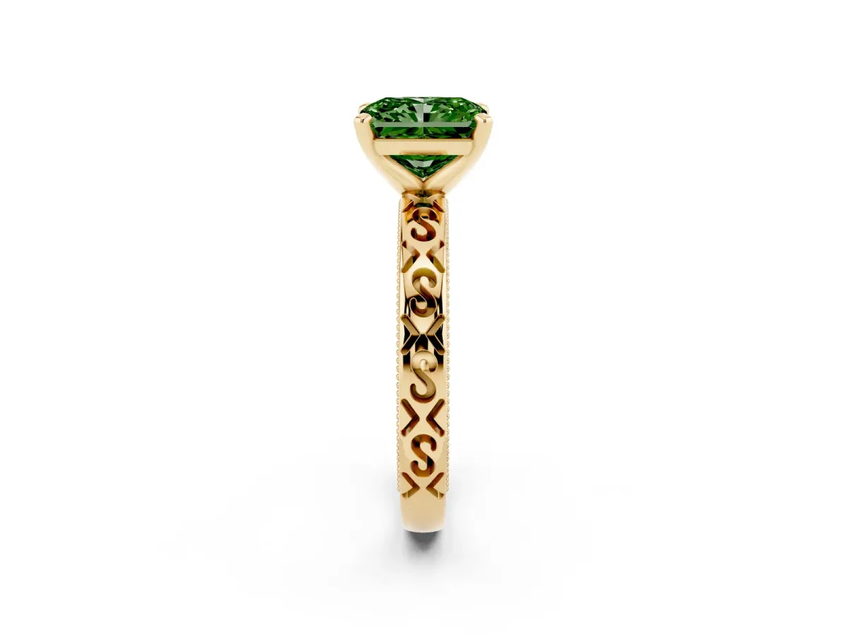 Fancy Green Radiant Cut Solitaire Engagement Ring with Scrollwork Band and Four-Prong Setting Yellow gold