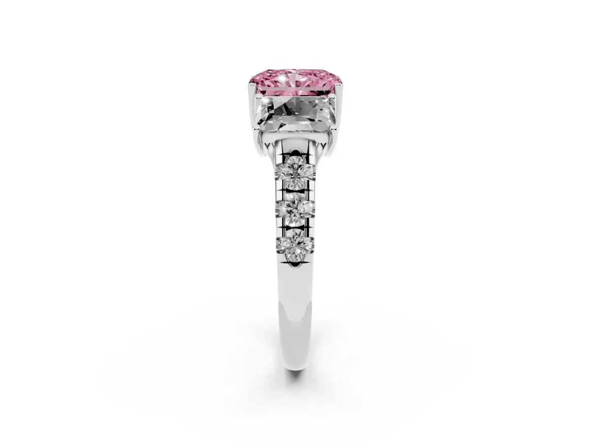 Fancy Pink Three-Stone Radiant Cut Diamond Pavé Band with Prong Setting Silver