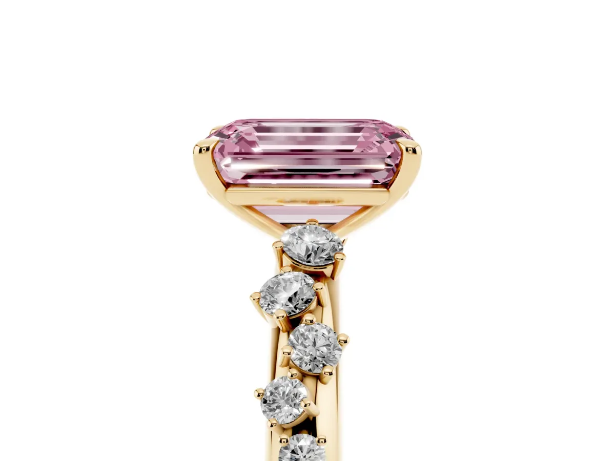 Fancy Pink Emerald Cut Diamond Cluster Prong-Set Solitaire Ring Yellow gold