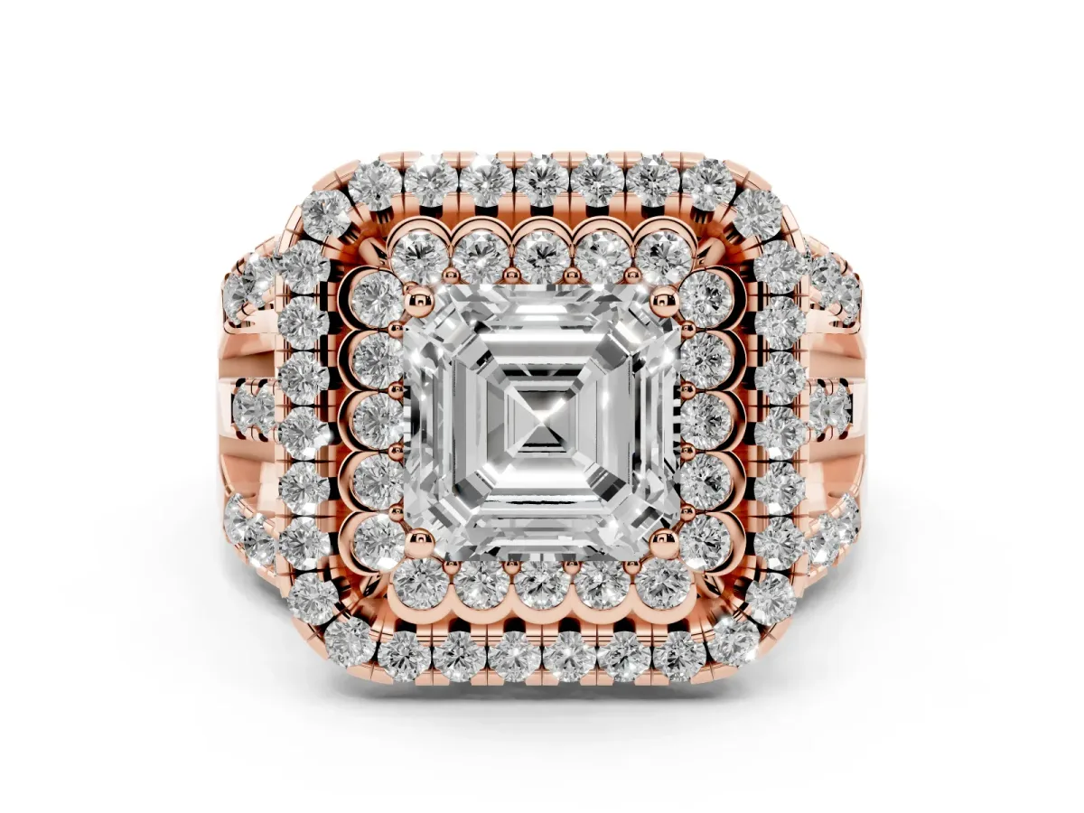 Asscher Cut Diamond Double Halo Ring with Round Pavé Split Shank and Prong Setting Rose gold