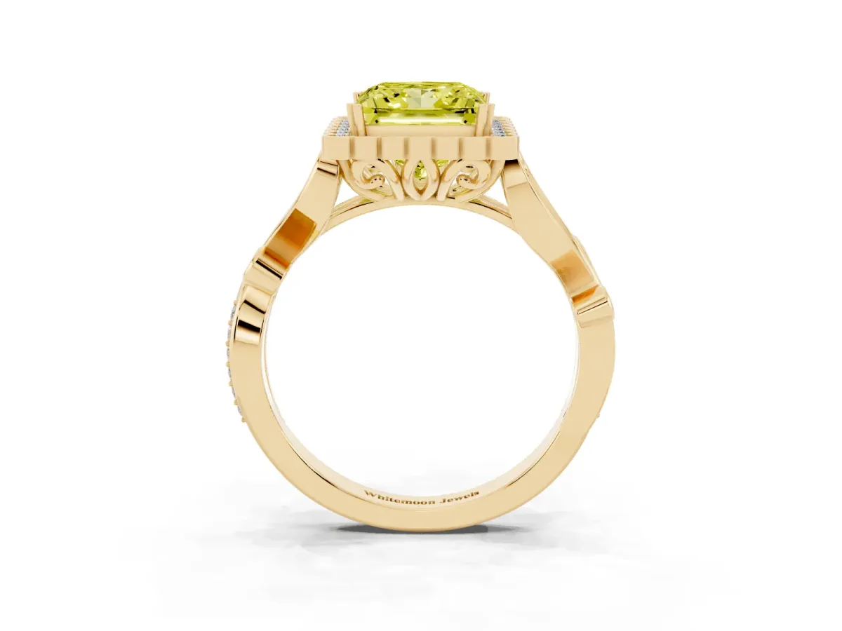 Fancy Yellow Princess Cut Diamond Halo Ring with Vintage Split Shank and Four-Prong Setting Yellow gold