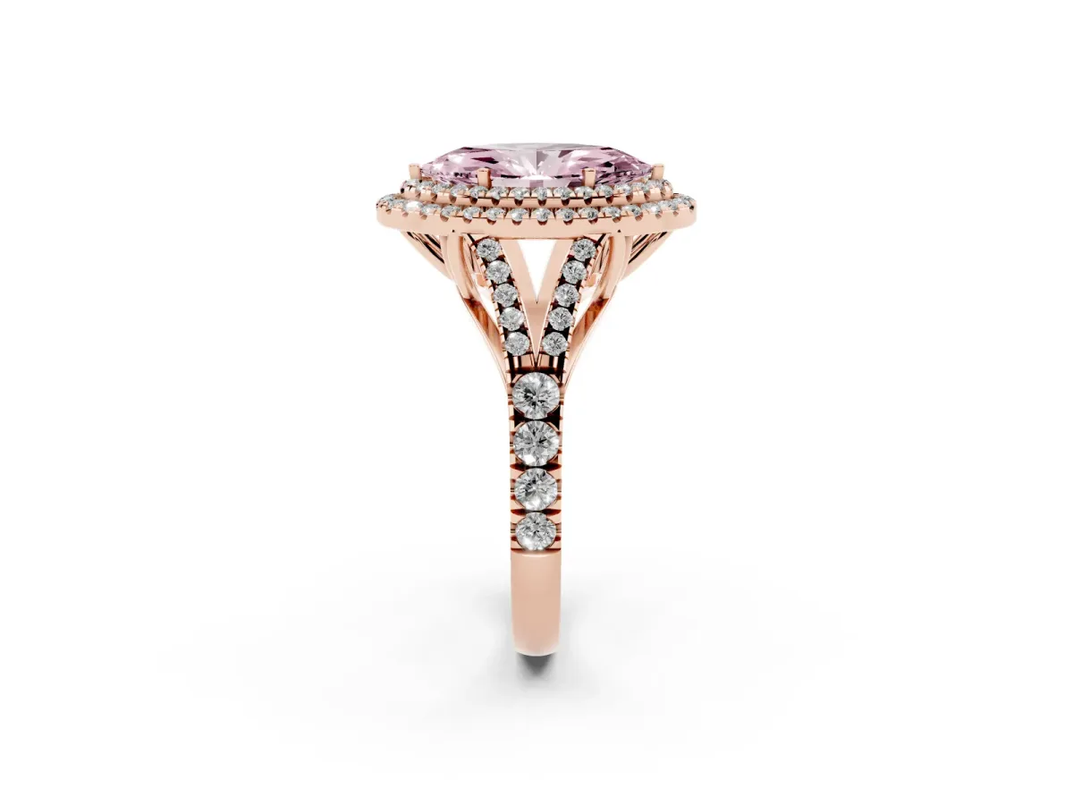 Fancy Pink Marquise Cut Cut Double Halo Split Shank Diamond Ring with Prong Setting Rose gold