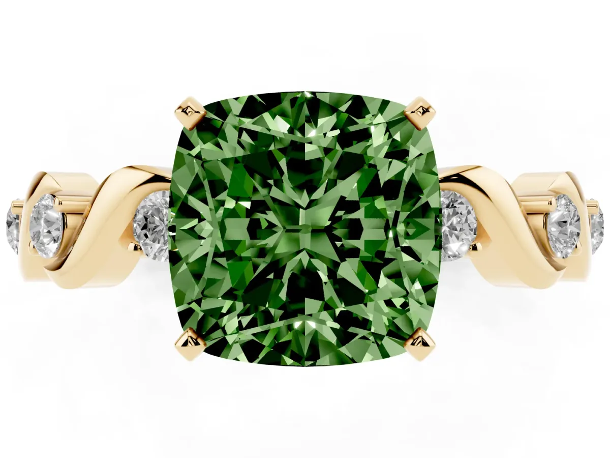 Fancy Green Cushion Cut Diamond Solitaire Twisted Band with Round Accents and Prong Setting Yellow gold