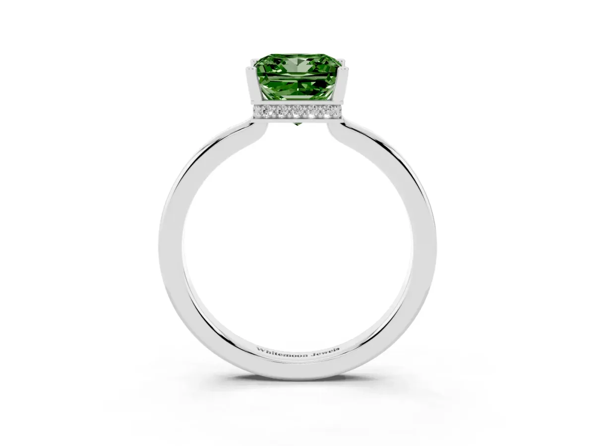Fancy Green Princess Cut Cut Solitaire Engagement Ring with Four-Prong Setting on a Classic Band Silver