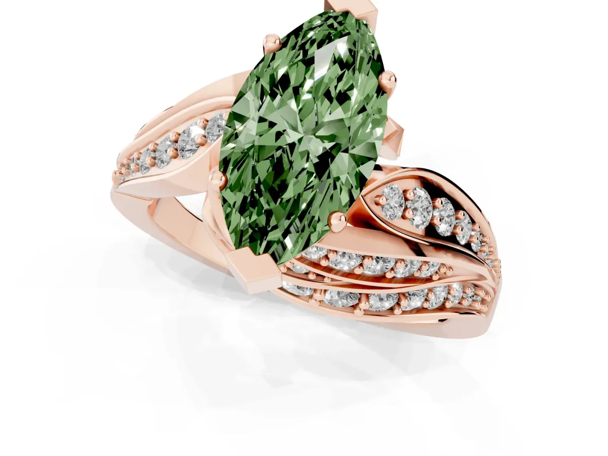 Fancy Green Marquise Cut Diamond Solitaire Ring with Prong Setting and Twisted Pavé Band Rose gold
