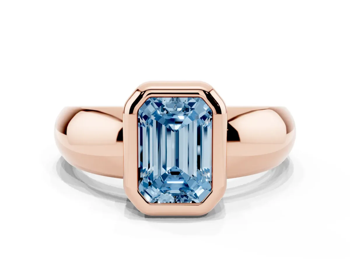 Fancy Blue Bezel Set Emerald Cut Solitaire Ring with Wide Band Rose gold