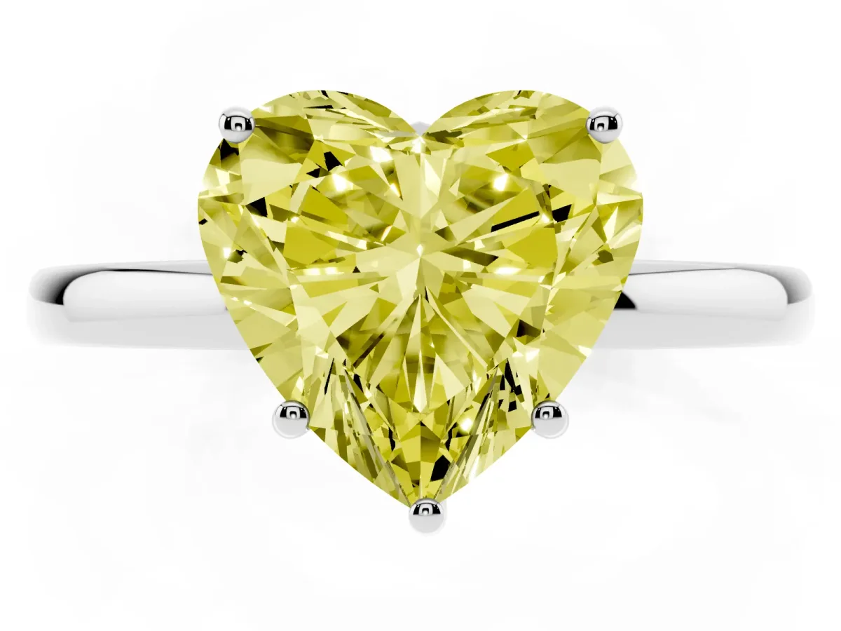 Fancy Yellow Heart Cut Solitaire Diamond Ring with Prong Setting and Plain Band Platinum