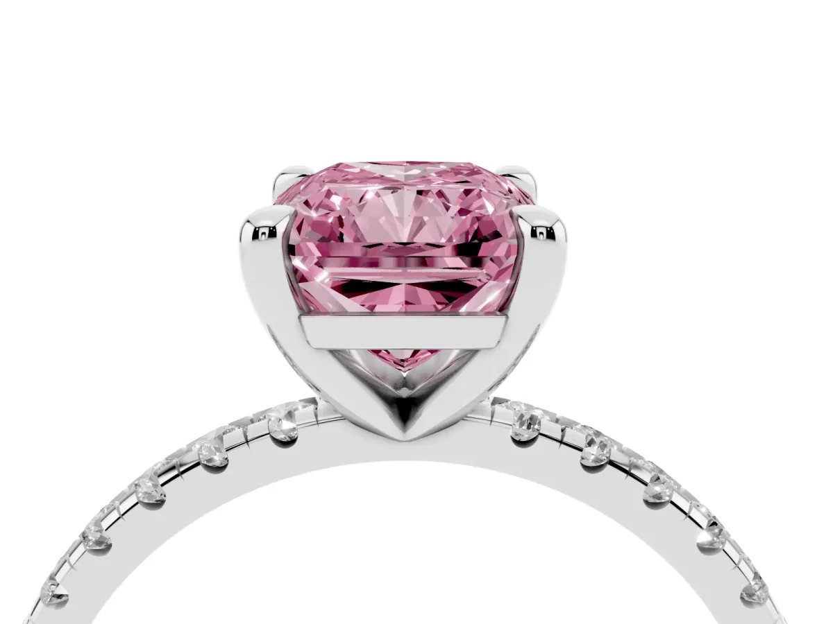 Fancy Pink Radiant Cut Diamond Brilliant Solitaire Ring with Pavé Band and Four-Prong Setting Platinum