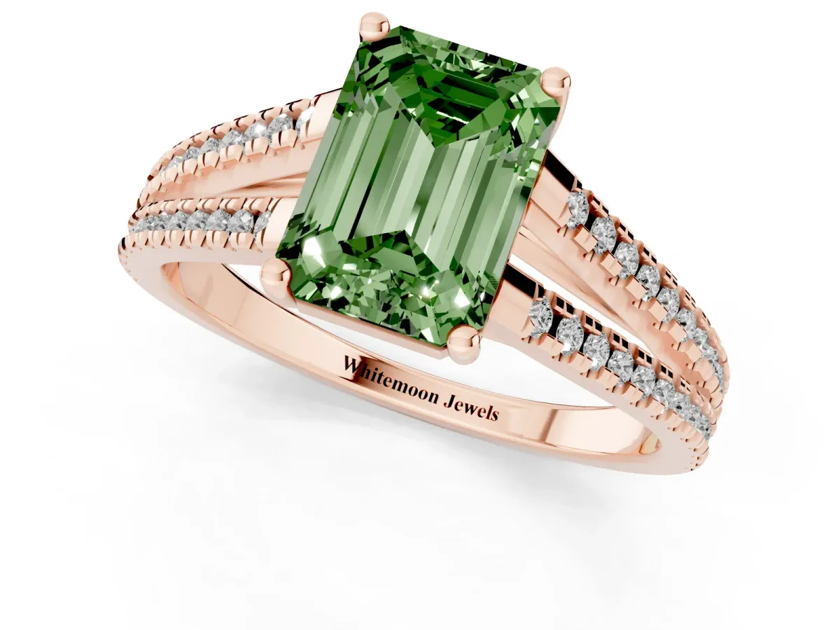 Fancy Green Emerald Cut Diamond Solitaire Engagement Ring with Split Shank Pavé Band Rose gold