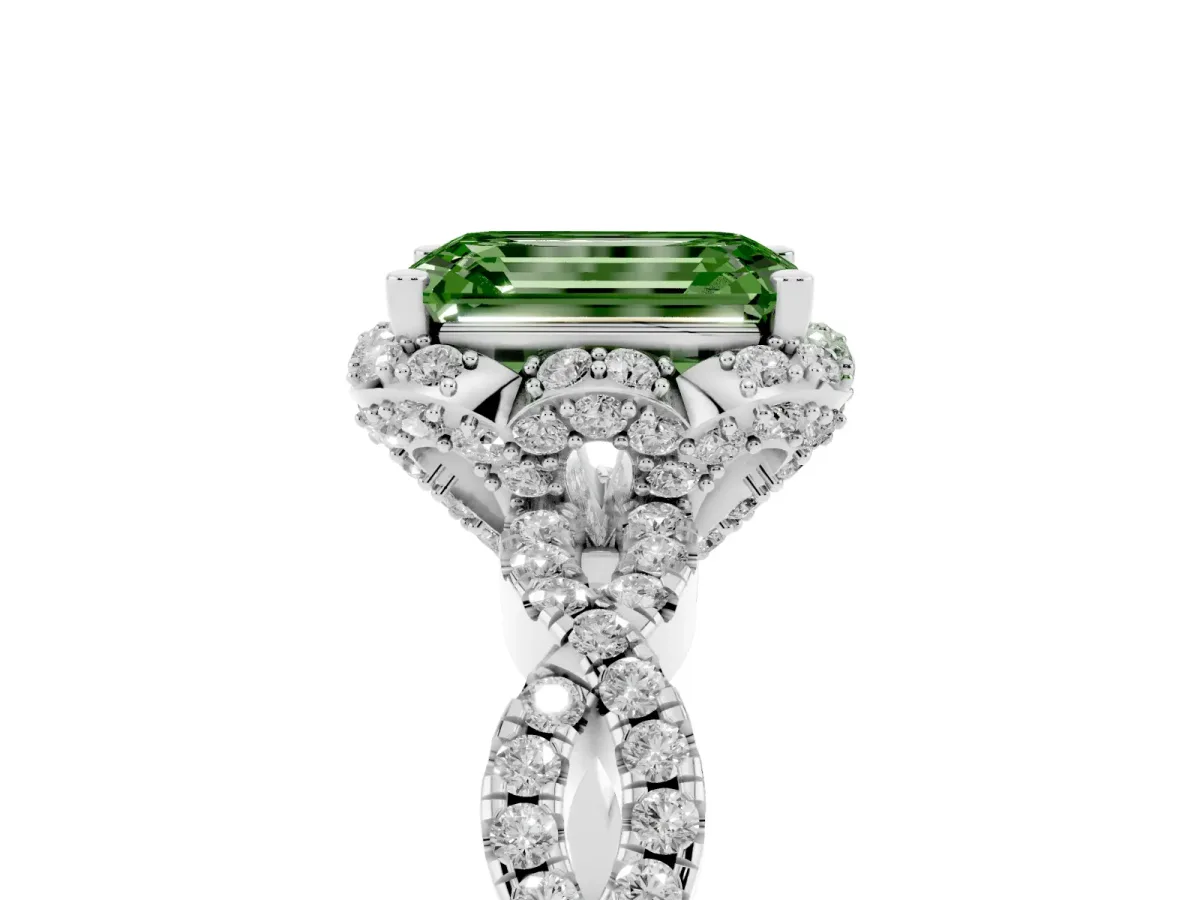 Fancy Green Emerald Cut Halo Twist Band Solitaire Ring with Six-Prong Setting Silver
