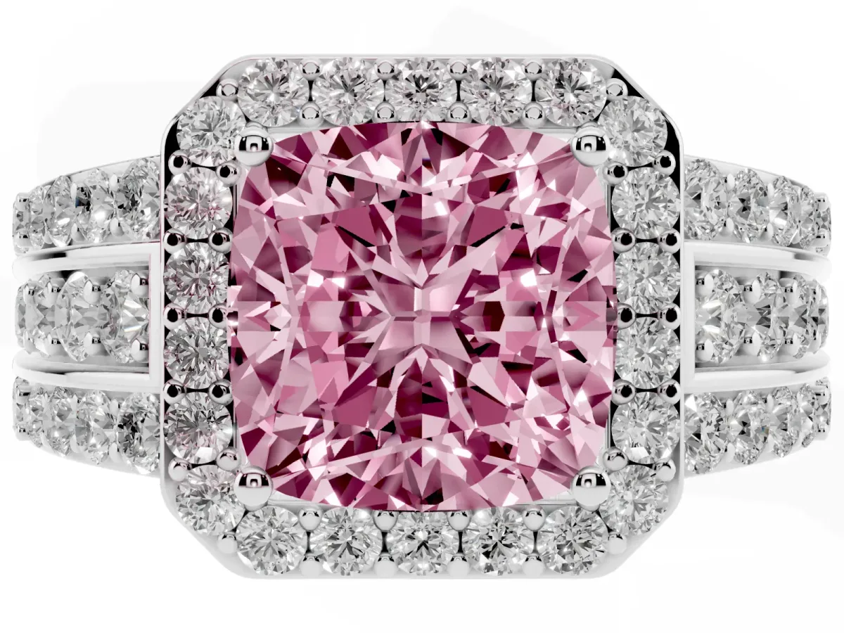 Fancy Pink Cushion Cut Halo Diamond Ring with Round Split Shank and Prong Setting Platinum