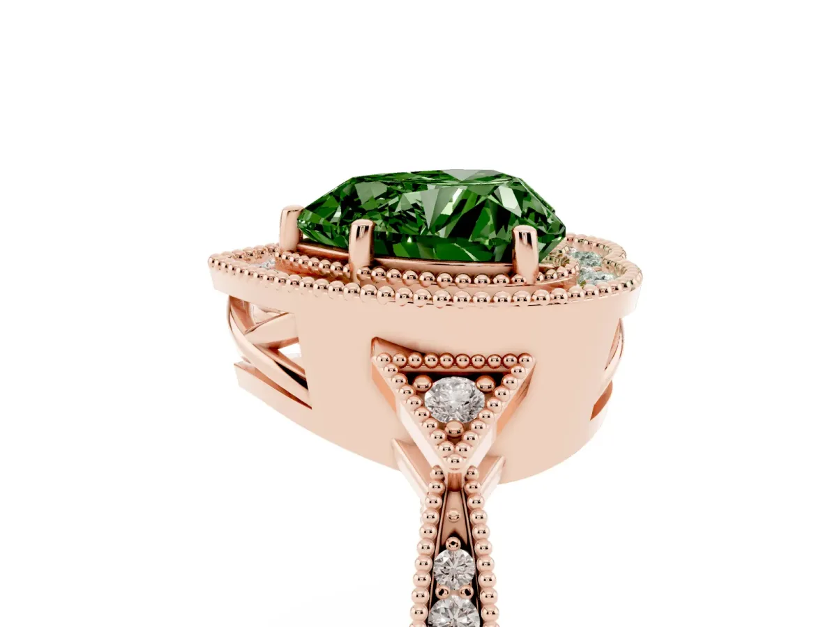 Fancy Green Heart Cut Halo Round Diamond Milgrain Pave Engagement Ring Rose gold