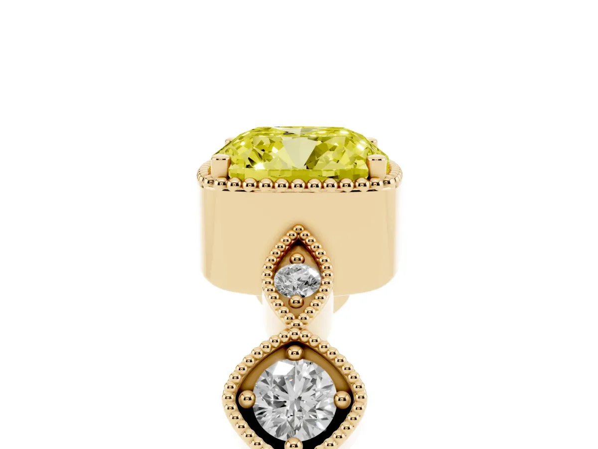 Fancy Yellow Cushion Cut Diamond Vintage Milgrain Ring with Round Stations Yellow gold