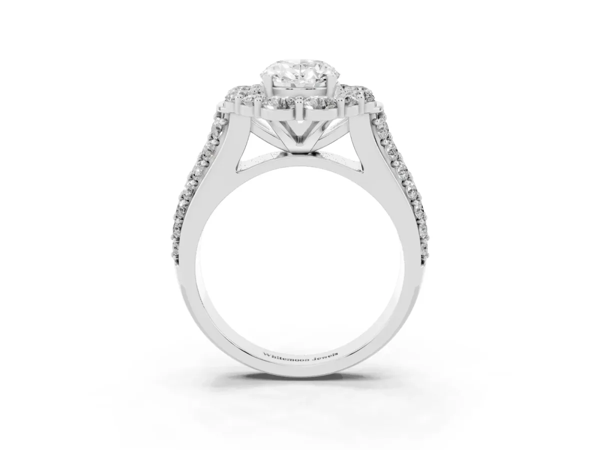 Oval Cut Halo Diamond Engagement Ring with Split Shank and Prong Setting Silver