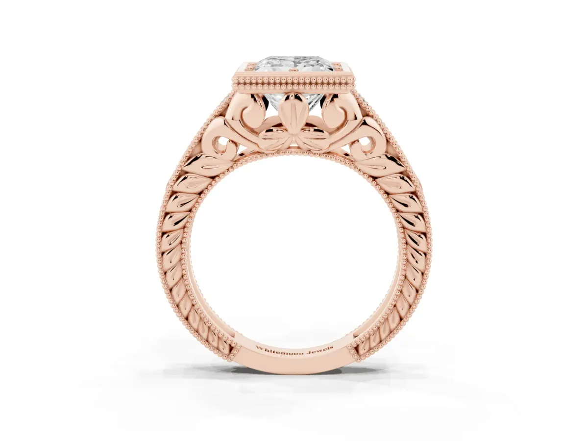 Bezel Set Princess Cut Diamond Milgrain Pave Engagement Ring Rose gold