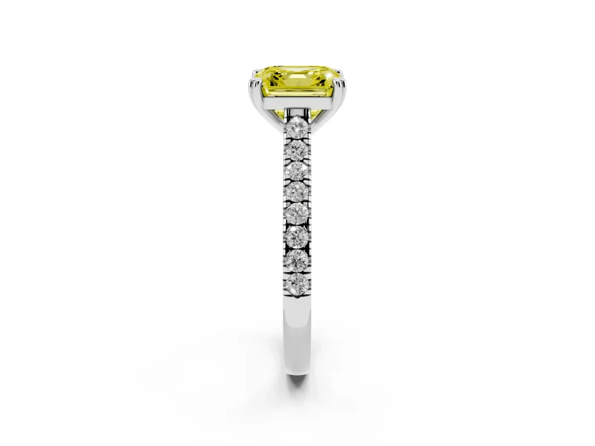 Fancy Yellow Asscher Cut Solitaire Pave Diamond Engagement Ring with Prong Setting Platinum