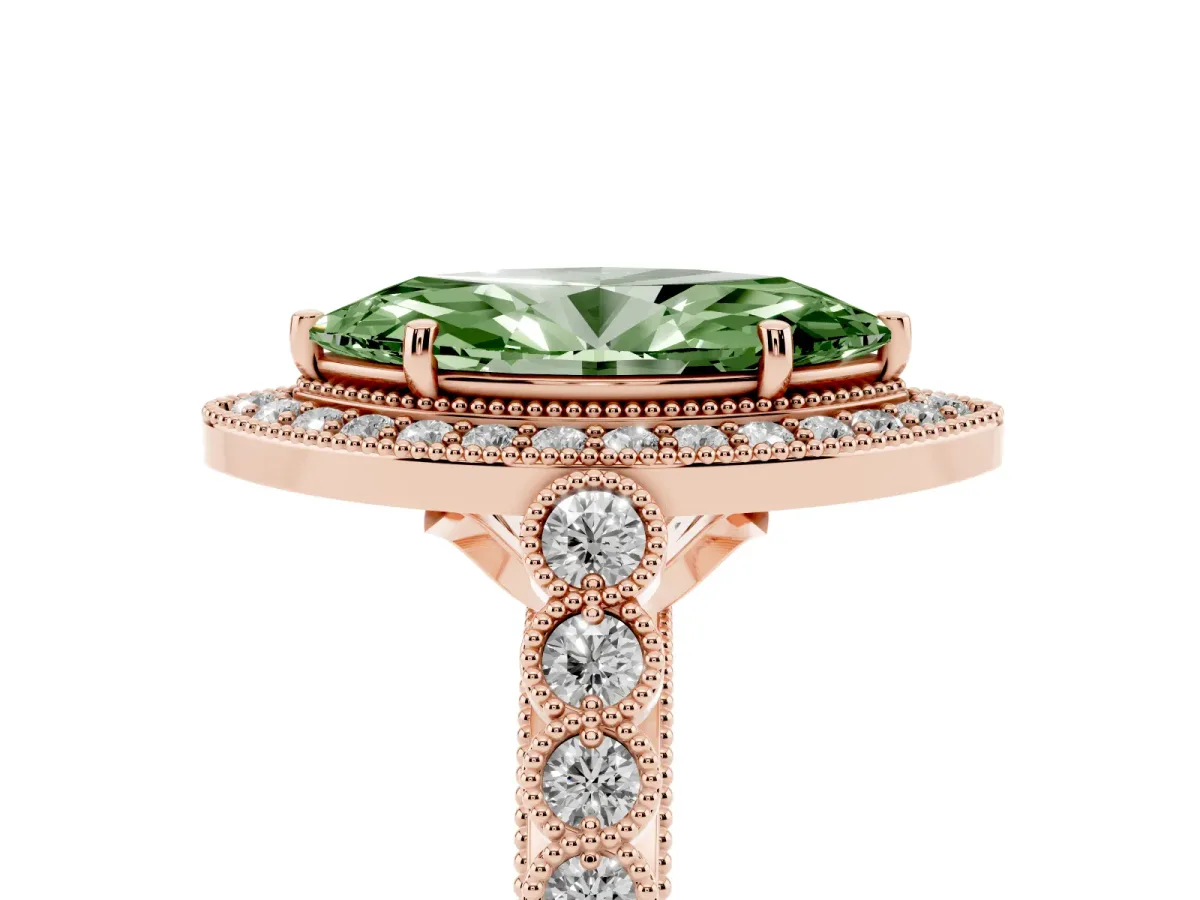 Fancy Green Marquise Cut Halo Milgrain Solitaire with Bezel Set Side Stones and Pave Band Rose gold
