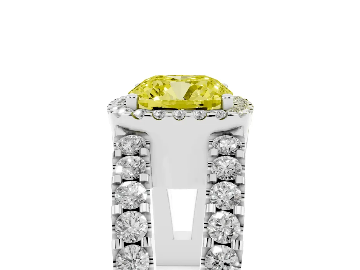Fancy Yellow Cushion Cut Cut Halo Split Shank Diamond Ring with Four-Prong Setting Platinum