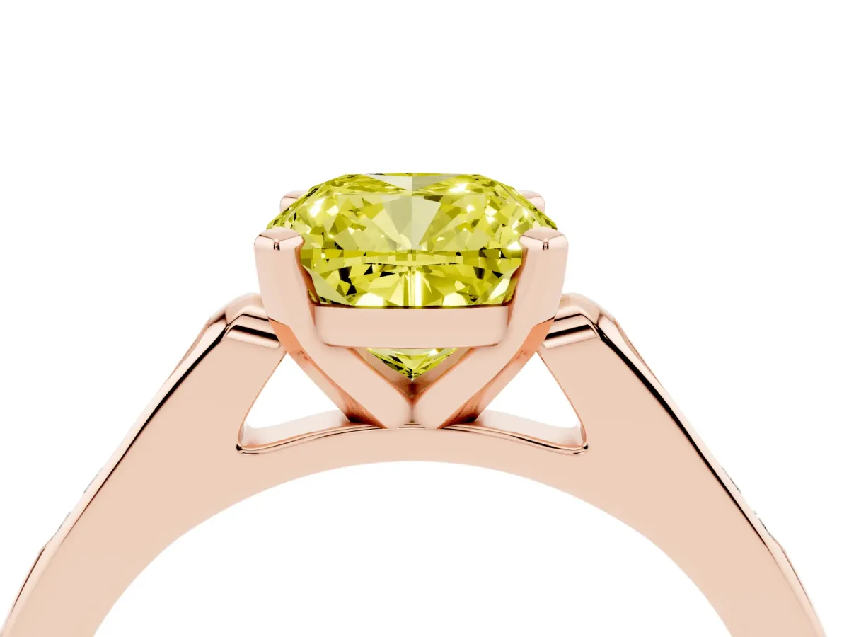 Fancy Yellow Cushion Cut Diamond Solitaire Ring with Channel Set Round Band and Prong Setting Rose gold