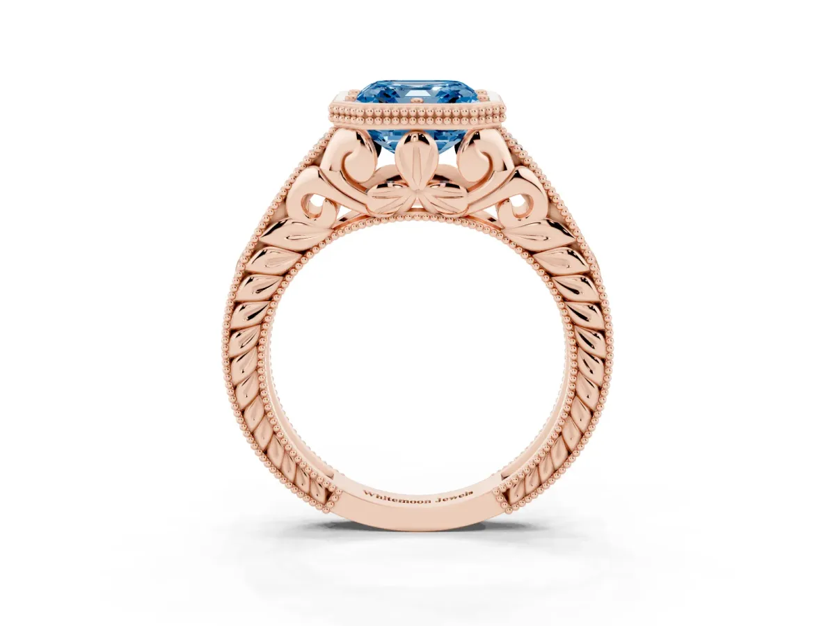 Fancy Blue Bezel Set Asscher Cut Diamond Milgrain Pave Engagement Ring Rose gold