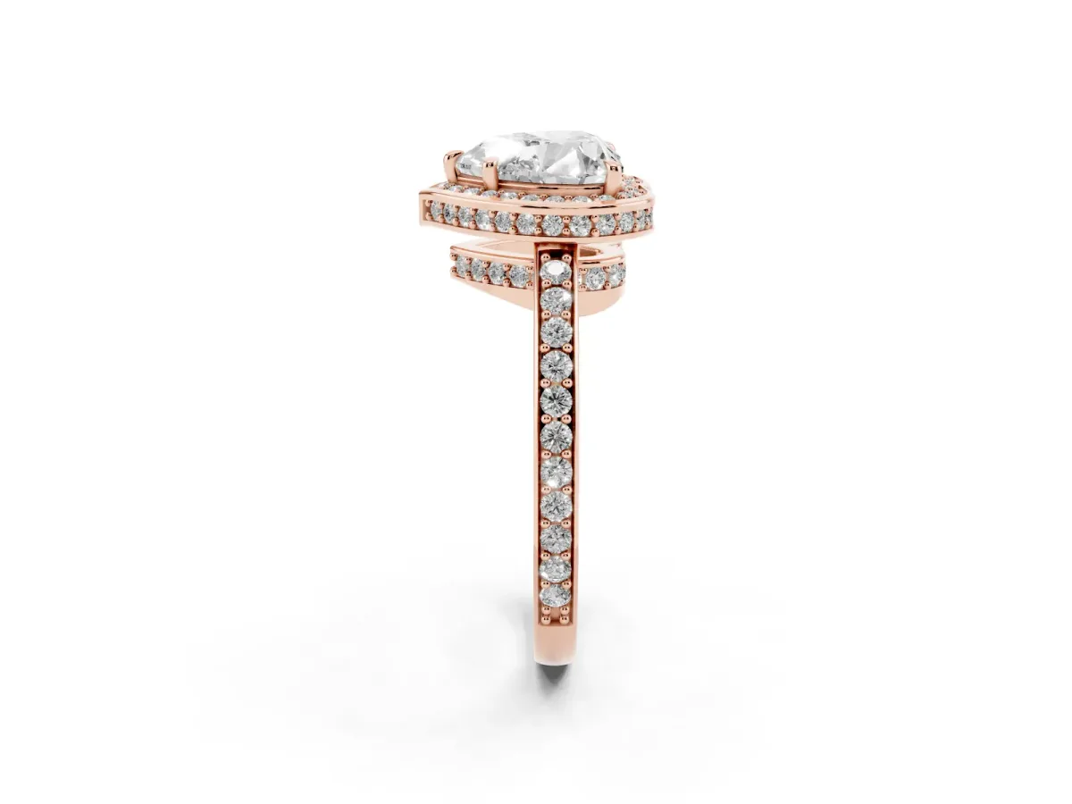 Heart Cut Halo Pave Band Solitaire Ring with Prong Setting Rose gold