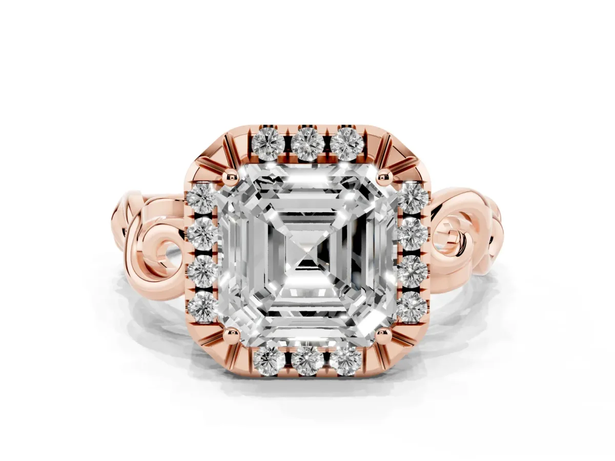 Asscher Cut Cut Halo Diamond Ring with Scrollwork Band and Four-Prong Setting Rose gold