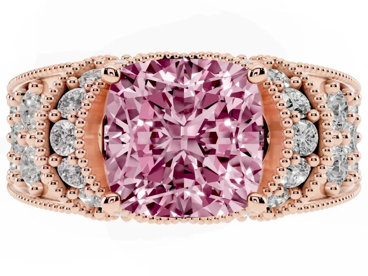 Fancy Pink Cushion Cut Halo Pave Diamond Engagement Ring with Milgrain Detailing Rose gold