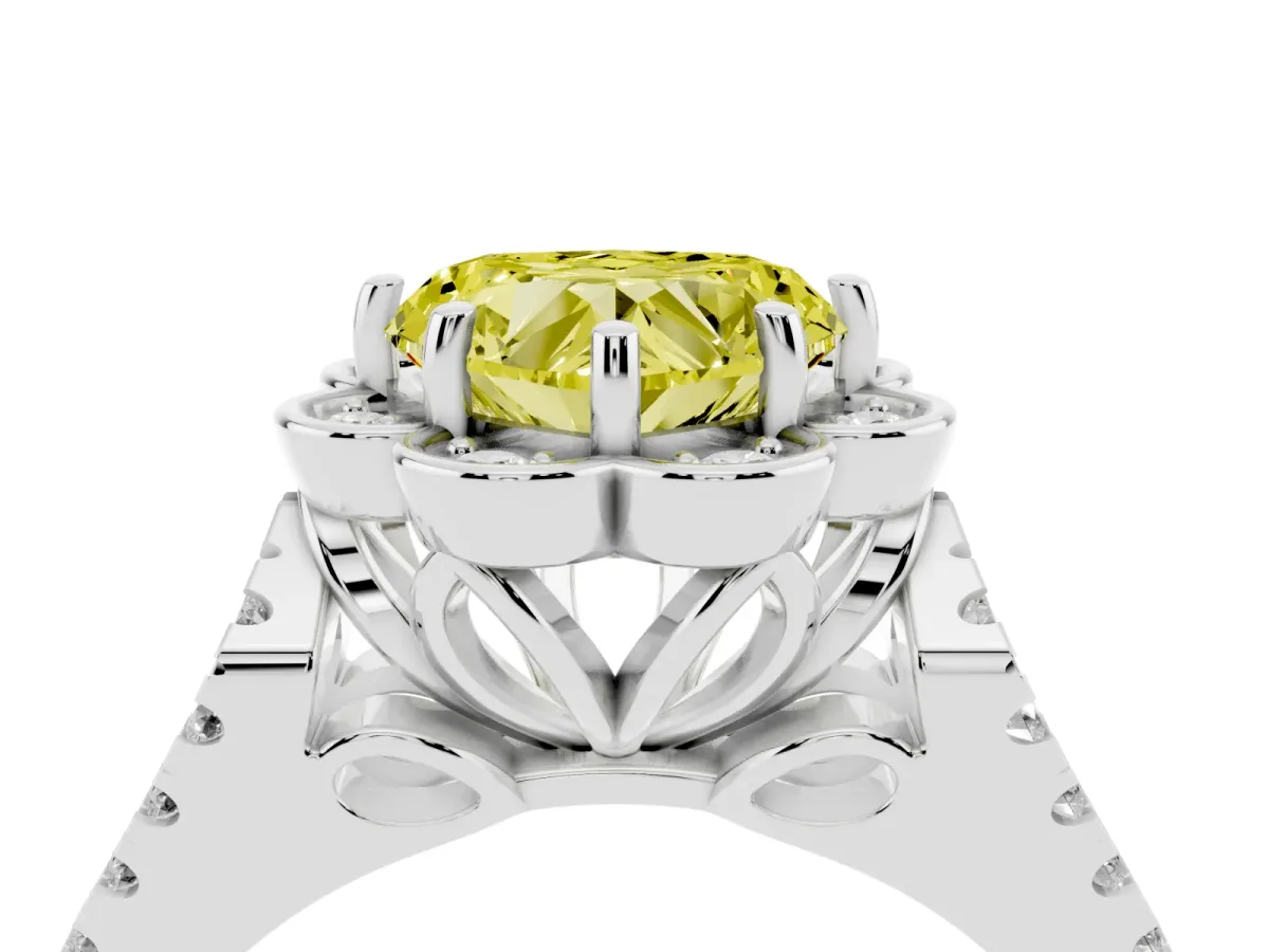Fancy Yellow Heart Cut Halo Diamond Floral Split Shank Engagement Ring Silver