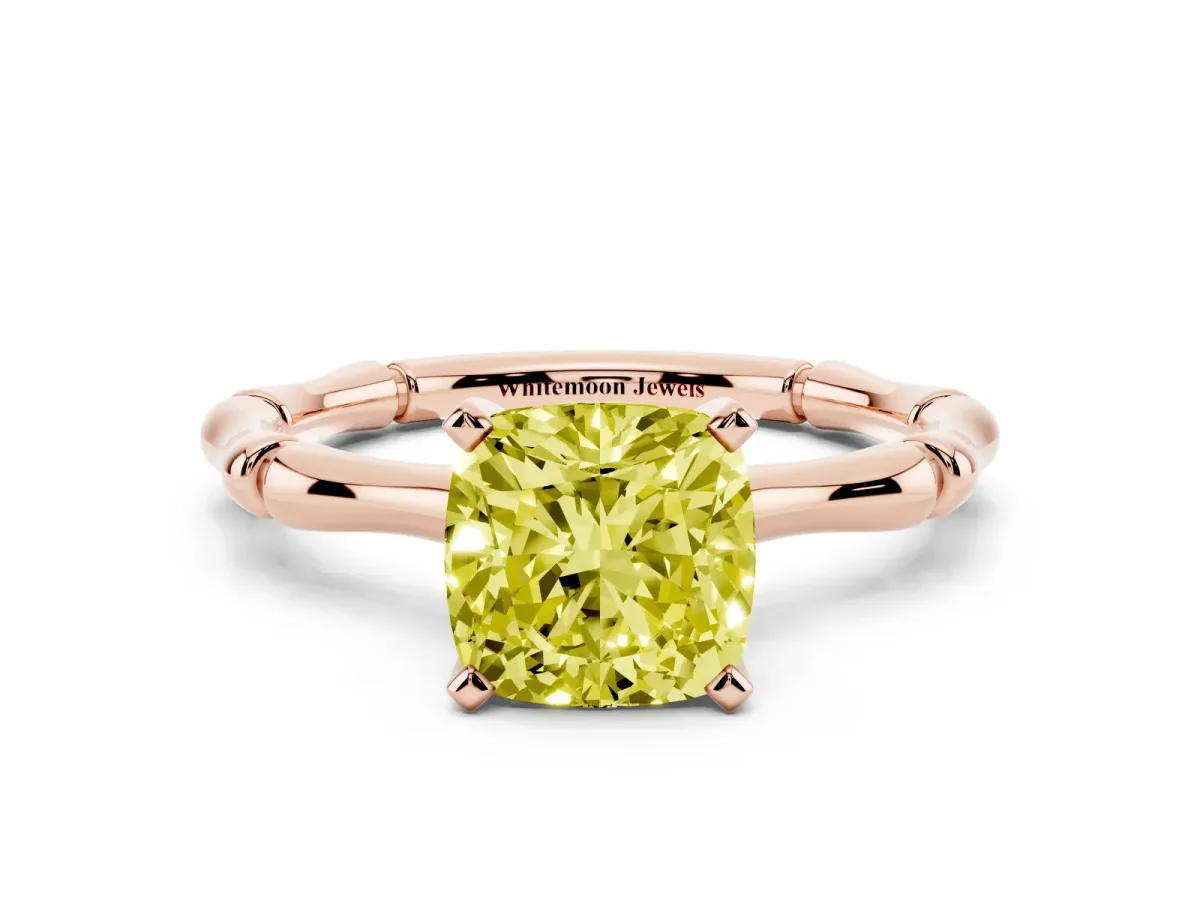 Fancy Yellow Cushion Cut Solitaire Diamond Ring with Bamboo Band and Four-Prong Setting Rose gold