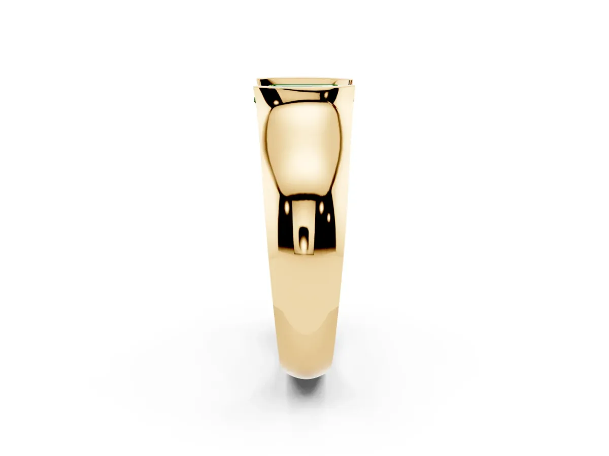 Fancy Green Emerald Cut Solitaire Bezel Set Diamond Ring with Wide Band Yellow gold