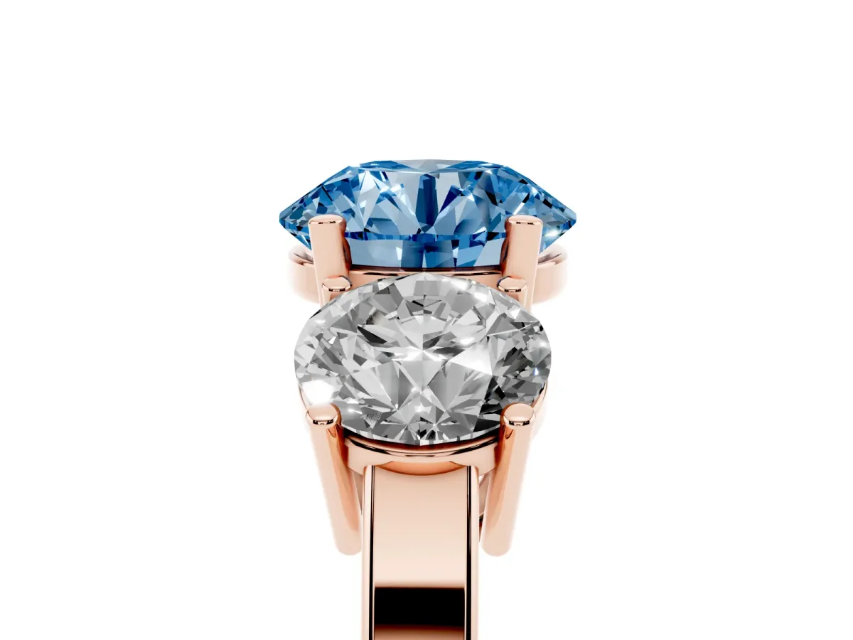 Fancy Blue Three-Stone Round Cut Cut Diamond Engagement Ring with Flat Band and Four-Prong Setting Rose gold