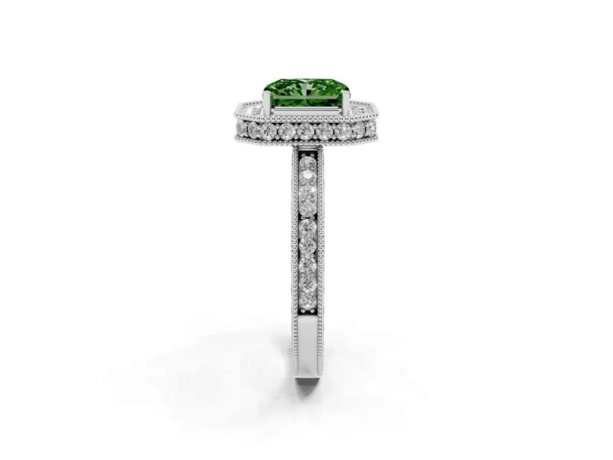 Fancy Green Radiant Cut Diamond Milgrain Halo Engagement Ring with Round Pavé Band and Prong Setting Platinum