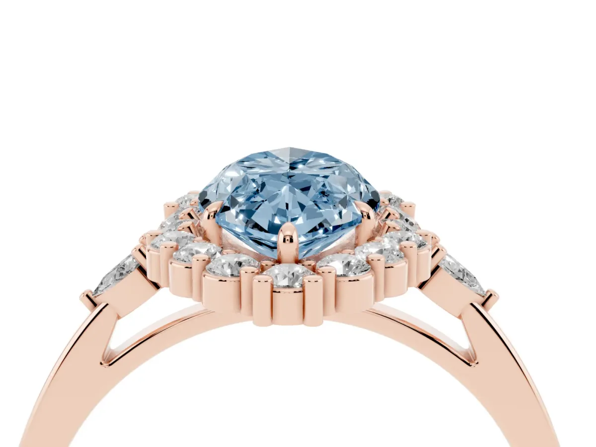 Fancy Blue Marquise Cut Diamond Halo Ring with Pear Side Stones and Prong Setting Rose gold