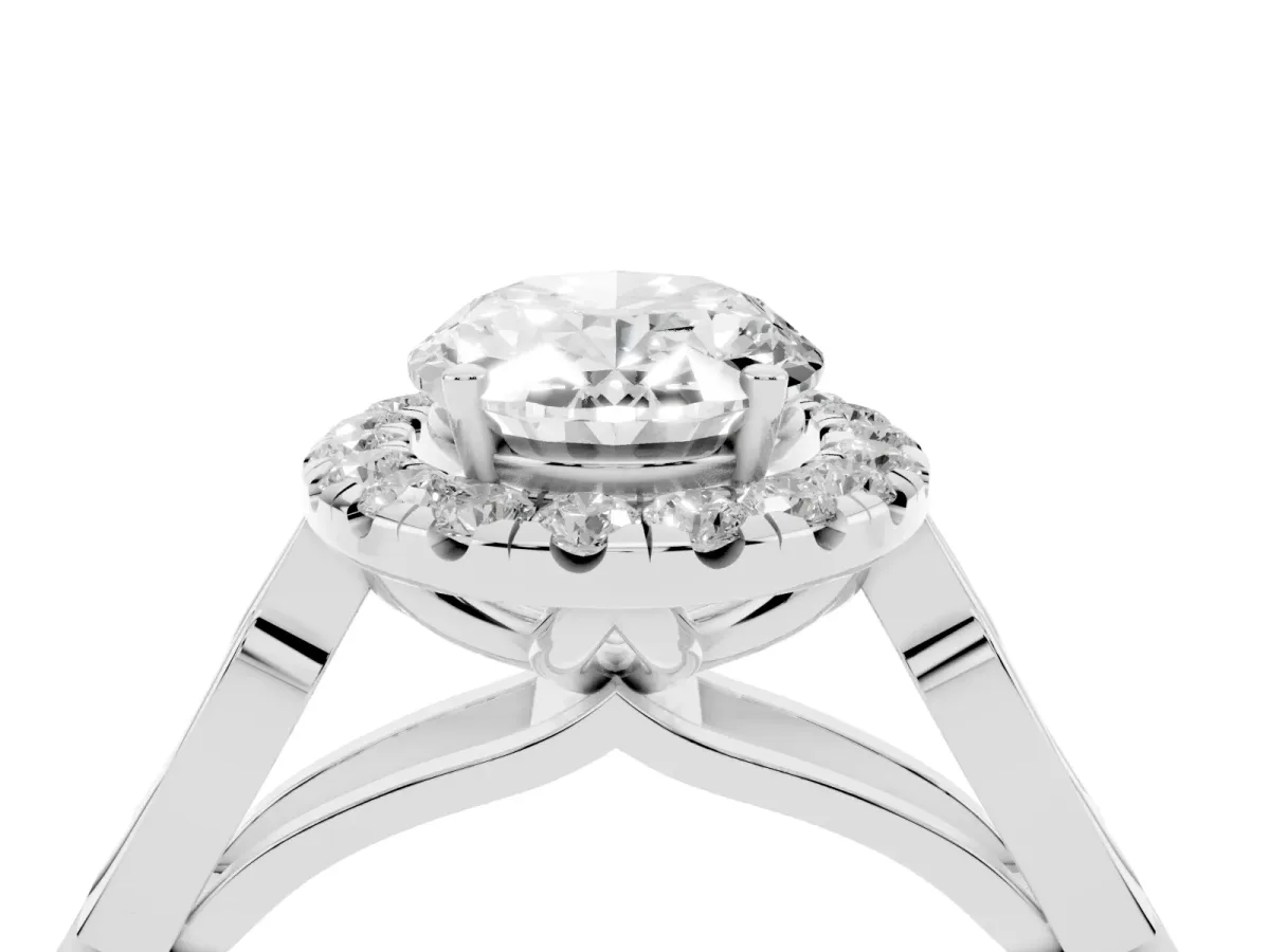 Oval Cut Halo Diamond Engagement Ring with Filigree Band and Four-Prong Setting White gold