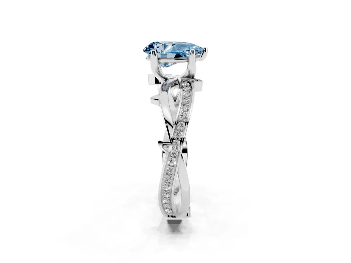 Fancy Blue Pear Cut Solitaire Twist Band with Pavé Accents and Four-Prong Setting Platinum