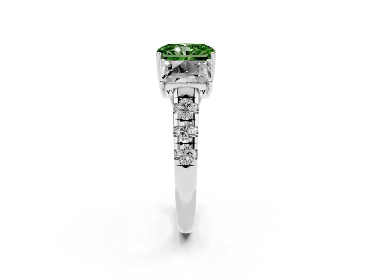 Fancy Green Three-Stone Radiant Cut Diamond Pavé Band with Prong Setting Silver