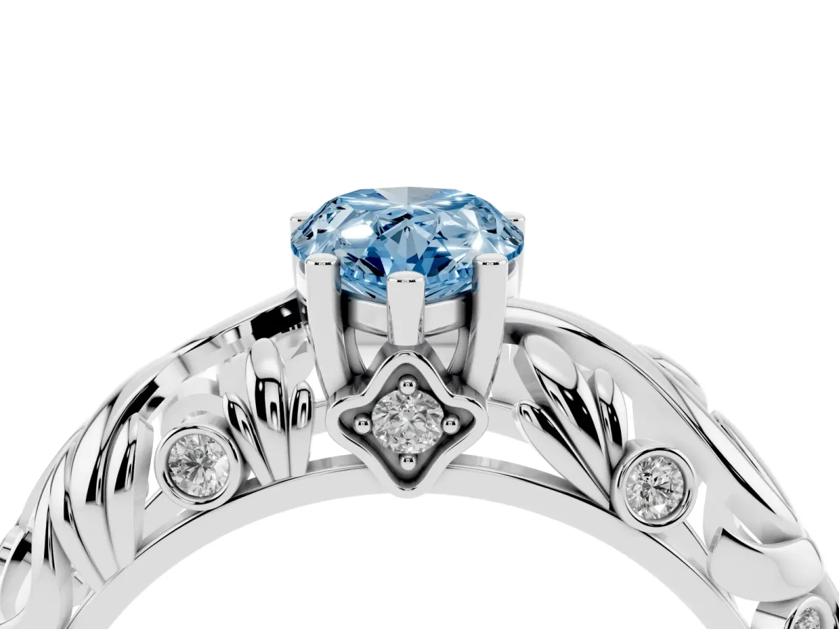 Fancy Blue Pear Cut Solitaire Diamond Leaf-Inspired Vine Band Ring with Prong Setting Silver