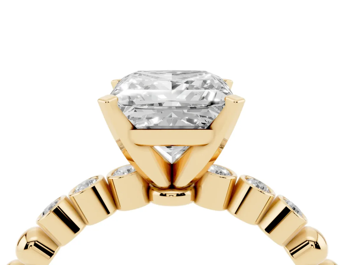 Princess Cut Solitaire Bezel Accent Diamond Engagement Ring with Beaded Band and Four-Prong Setting Yellow gold