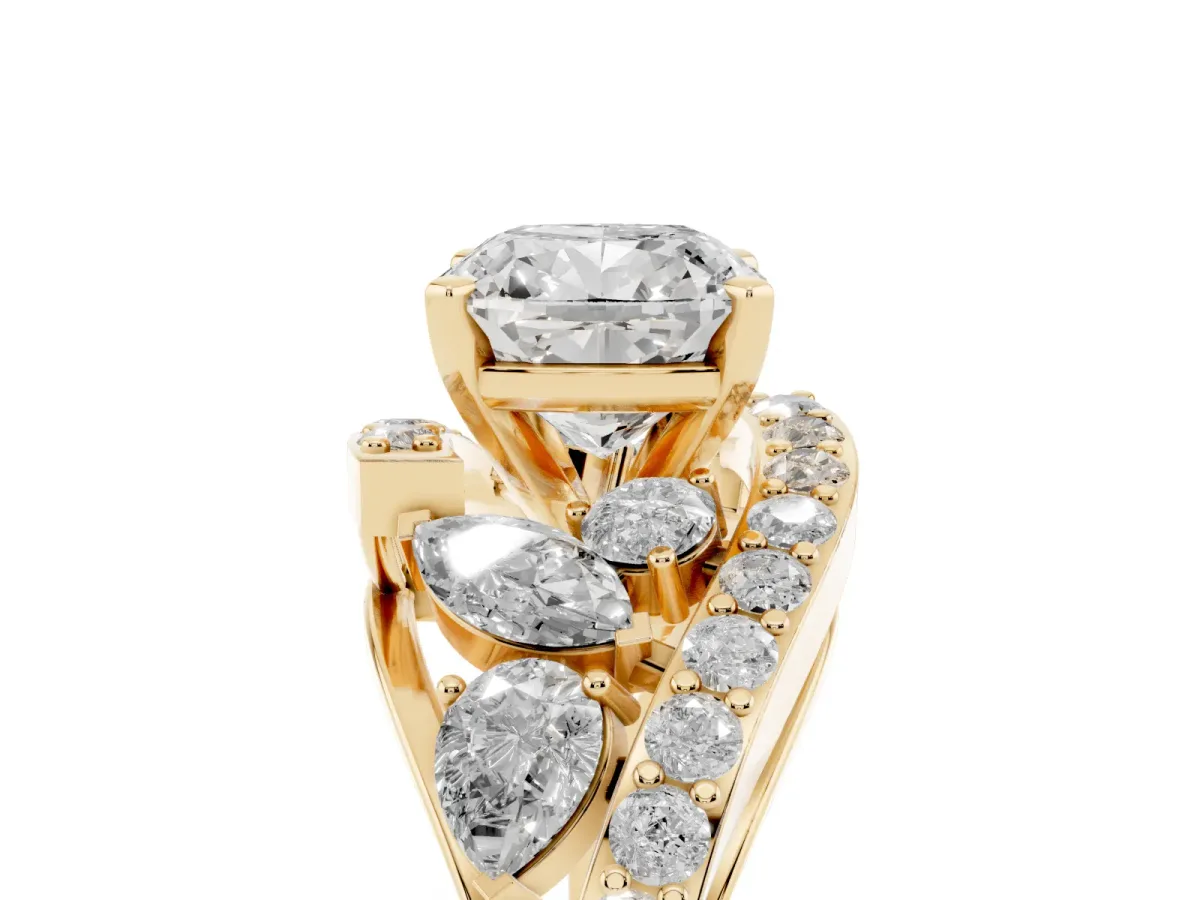 Cushion Cut Diamond Halo Ring with Marquise and Pavé Band in Prong Setting Yellow gold
