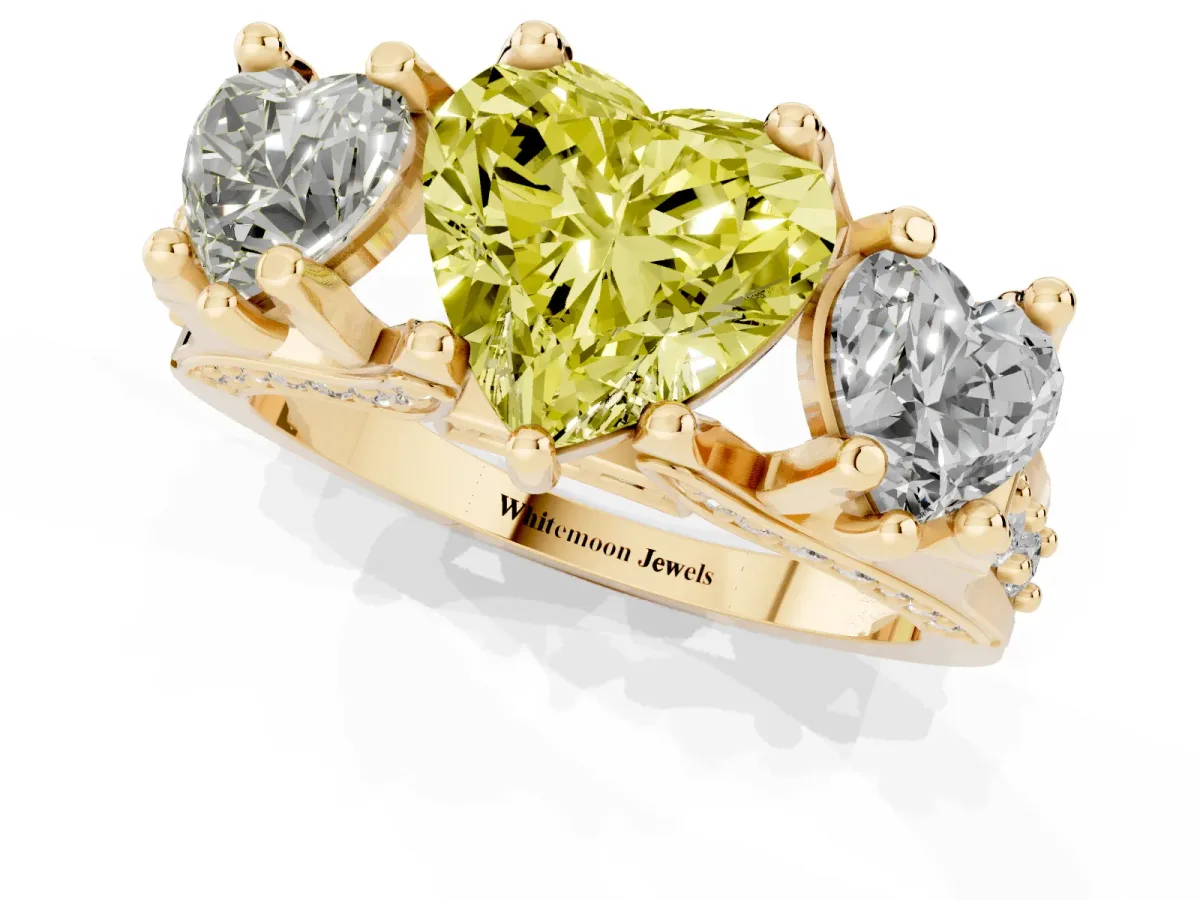 Fancy Yellow Heart Cut Diamond Three-Stone Ring with Channel Set Band and Four-Prong Setting Yellow gold
