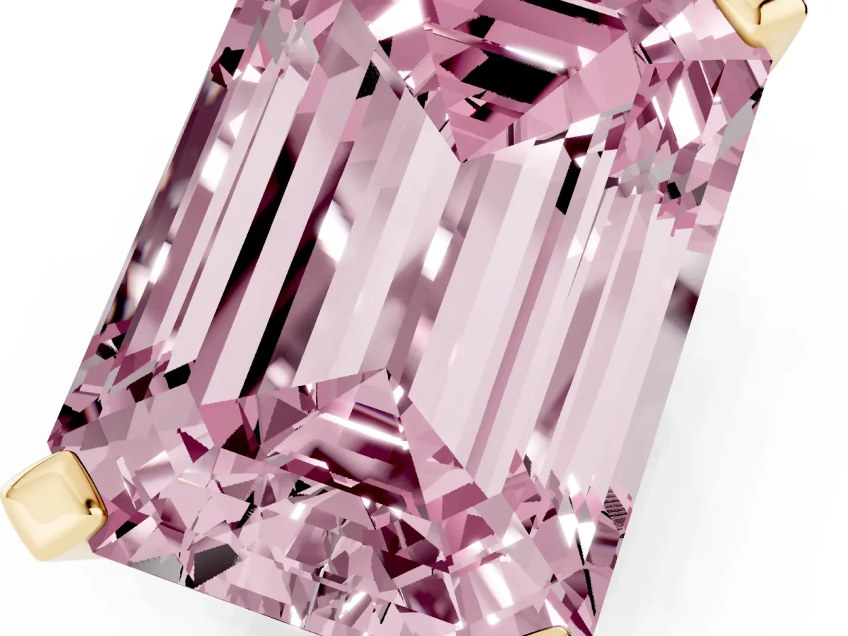Fancy Pink Emerald Cut Diamond Solitaire Ring with Prong Setting and Classic Band Yellow gold