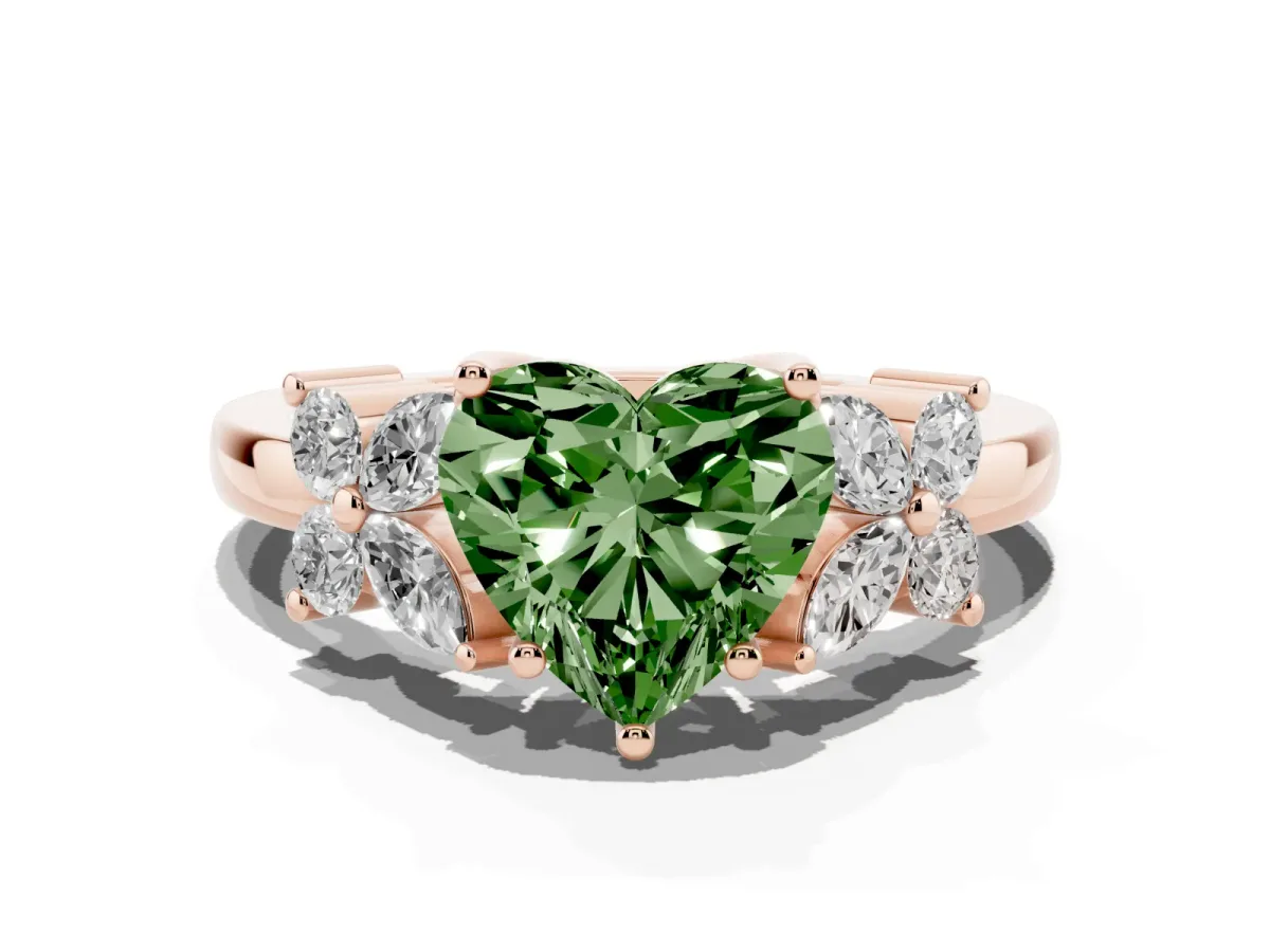 Fancy Green Heart Cut Diamond Floral Cluster Ring with Solitaire Band and Prong Setting Rose gold