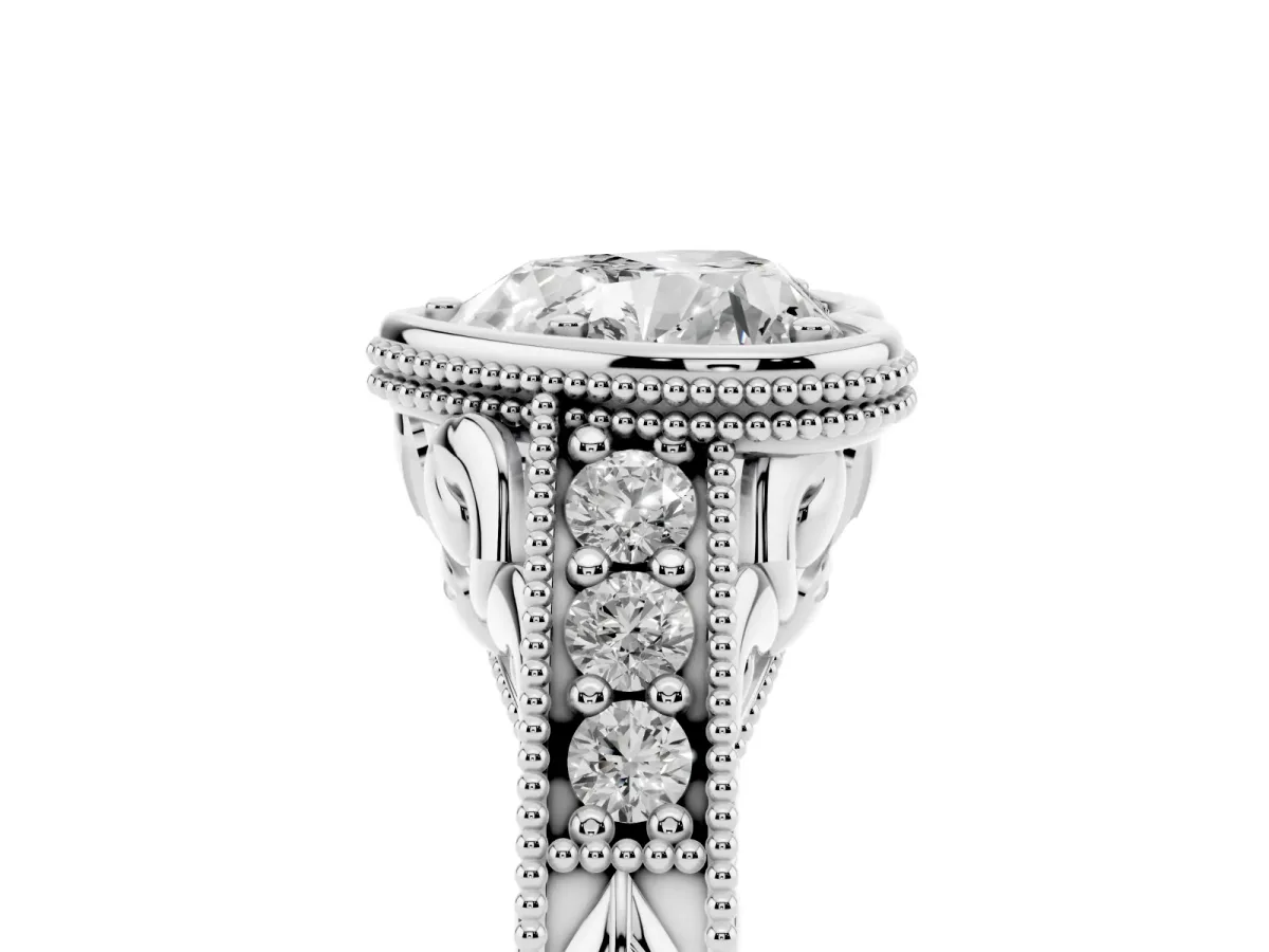 Bezel Set Heart Cut Diamond Milgrain Pave Engagement Ring Silver