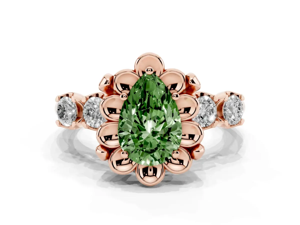 Fancy Green Pear Cut Cut Diamond Floral Halo Engagement Ring with Shared Prong Setting Rose gold